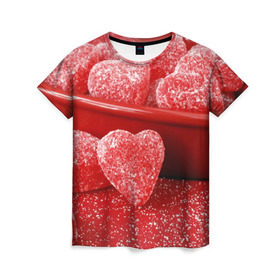 Женская футболка 3D с принтом Мармеладные сердца в Екатеринбурге, 100% полиэфир ( синтетическое хлопкоподобное полотно) | прямой крой, круглый вырез горловины, длина до линии бедер | еда | конфеты | красный | мармелад | сердечки | сладости