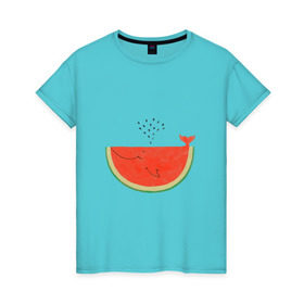 Женская футболка хлопок с принтом Кит Арбуз в Екатеринбурге, 100% хлопок | прямой крой, круглый вырез горловины, длина до линии бедер, слегка спущенное плечо | арбуз | иллюзия | кит | лето | море | океан | принт | рыба | семечки | фонтан | фрукты | ягоды