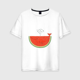 Женская футболка хлопок Oversize с принтом Кит Арбуз в Екатеринбурге, 100% хлопок | свободный крой, круглый ворот, спущенный рукав, длина до линии бедер
 | арбуз | иллюзия | кит | лето | море | океан | принт | рыба | семечки | фонтан | фрукты | ягоды
