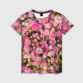 Женская футболка 3D с принтом Розовый рай в Екатеринбурге, 100% полиэфир ( синтетическое хлопкоподобное полотно) | прямой крой, круглый вырез горловины, длина до линии бедер | Тематика изображения на принте: бутон | лепестки | роза | розовый | розочка | цветок | цветы