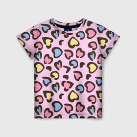 Детская футболка 3D с принтом Леопардовые сердечки в Екатеринбурге, 100% гипоаллергенный полиэфир | прямой крой, круглый вырез горловины, длина до линии бедер, чуть спущенное плечо, ткань немного тянется | животные | леопард | леопардовый | принт | розовый | сердечко | сердце | текстура