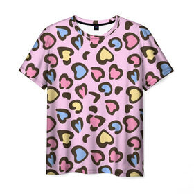 Мужская футболка 3D с принтом Леопардовые сердечки в Екатеринбурге, 100% полиэфир | прямой крой, круглый вырез горловины, длина до линии бедер | животные | леопард | леопардовый | принт | розовый | сердечко | сердце | текстура