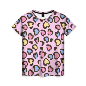 Женская футболка 3D с принтом Леопардовые сердечки в Екатеринбурге, 100% полиэфир ( синтетическое хлопкоподобное полотно) | прямой крой, круглый вырез горловины, длина до линии бедер | Тематика изображения на принте: животные | леопард | леопардовый | принт | розовый | сердечко | сердце | текстура
