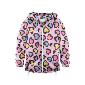 Детская ветровка 3D с принтом Леопардовые сердечки в Екатеринбурге, 100% полиэстер | подол и капюшон оформлены резинкой с фиксаторами, по бокам два кармана без застежек, один потайной карман на груди | животные | леопард | леопардовый | принт | розовый | сердечко | сердце | текстура