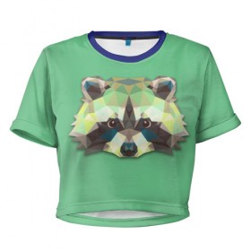 Женская футболка 3D укороченная с принтом Енот в Екатеринбурге, 100% полиэстер | круглая горловина, длина футболки до линии талии, рукава с отворотами | животные | жищники | новинки | подарок | популярное | яркие