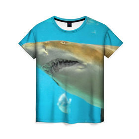 Женская футболка 3D с принтом Тигровая акула в Екатеринбурге, 100% полиэфир ( синтетическое хлопкоподобное полотно) | прямой крой, круглый вырез горловины, длина до линии бедер | голубое море | океан | рыба