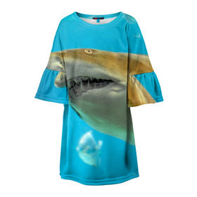 Детское платье 3D с принтом Тигровая акула в Екатеринбурге, 100% полиэстер | прямой силуэт, чуть расширенный к низу. Круглая горловина, на рукавах — воланы | Тематика изображения на принте: голубое море | океан | рыба