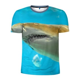 Мужская футболка 3D спортивная с принтом Тигровая акула в Екатеринбурге, 100% полиэстер с улучшенными характеристиками | приталенный силуэт, круглая горловина, широкие плечи, сужается к линии бедра | голубое море | океан | рыба