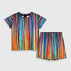 Детский костюм с шортами 3D с принтом Colored stripes в Екатеринбурге,  |  | Тематика изображения на принте: 3d | colored stripes | абстракция | другие | картинка | краски | линии | отблеск | полосы | прикольные | радуга | свет | цветные | яркие