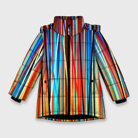 Зимняя куртка для девочек 3D с принтом Colored stripes в Екатеринбурге, ткань верха — 100% полиэстер; подклад — 100% полиэстер, утеплитель — 100% полиэстер. | длина ниже бедра, удлиненная спинка, воротник стойка и отстегивающийся капюшон. Есть боковые карманы с листочкой на кнопках, утяжки по низу изделия и внутренний карман на молнии. 

Предусмотрены светоотражающий принт на спинке, радужный светоотражающий элемент на пуллере молнии и на резинке для утяжки. | 3d | colored stripes | абстракция | другие | картинка | краски | линии | отблеск | полосы | прикольные | радуга | свет | цветные | яркие