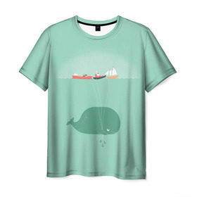 Мужская футболка 3D с принтом Кит с корабликами в Екатеринбурге, 100% полиэфир | прямой крой, круглый вырез горловины, длина до линии бедер | кит | корабли | лодки | море | океан | шарики | якорь | якоря