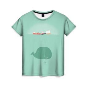 Женская футболка 3D с принтом Кит с корабликами в Екатеринбурге, 100% полиэфир ( синтетическое хлопкоподобное полотно) | прямой крой, круглый вырез горловины, длина до линии бедер | кит | корабли | лодки | море | океан | шарики | якорь | якоря