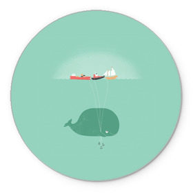 Коврик круглый с принтом Кит с корабликами в Екатеринбурге, резина и полиэстер | круглая форма, изображение наносится на всю лицевую часть | кит | корабли | лодки | море | океан | шарики | якорь | якоря