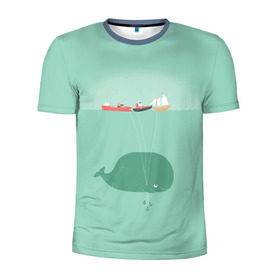 Мужская футболка 3D спортивная с принтом Кит с корабликами в Екатеринбурге, 100% полиэстер с улучшенными характеристиками | приталенный силуэт, круглая горловина, широкие плечи, сужается к линии бедра | Тематика изображения на принте: кит | корабли | лодки | море | океан | шарики | якорь | якоря