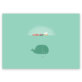 Поздравительная открытка с принтом Кит с корабликами в Екатеринбурге, 100% бумага | плотность бумаги 280 г/м2, матовая, на обратной стороне линовка и место для марки
 | кит | корабли | лодки | море | океан | шарики | якорь | якоря