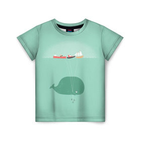 Детская футболка 3D с принтом Кит с корабликами в Екатеринбурге, 100% гипоаллергенный полиэфир | прямой крой, круглый вырез горловины, длина до линии бедер, чуть спущенное плечо, ткань немного тянется | кит | корабли | лодки | море | океан | шарики | якорь | якоря