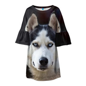 Детское платье 3D с принтом Хаски в Екатеринбурге, 100% полиэстер | прямой силуэт, чуть расширенный к низу. Круглая горловина, на рукавах — воланы | Тематика изображения на принте: dog | лабрадор | мопс | пес | собака | такса | хаски | щеночек