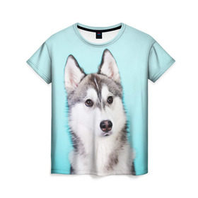 Женская футболка 3D с принтом Blue в Екатеринбурге, 100% полиэфир ( синтетическое хлопкоподобное полотно) | прямой крой, круглый вырез горловины, длина до линии бедер | dog | бандит | пес | собака | хаски | хаски бандит | щеночек