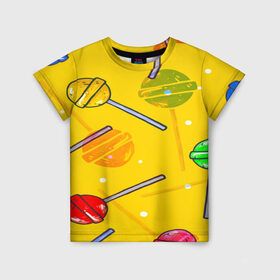 Детская футболка 3D с принтом Леденец в Екатеринбурге, 100% гипоаллергенный полиэфир | прямой крой, круглый вырез горловины, длина до линии бедер, чуть спущенное плечо, ткань немного тянется | желтая | чупа чупс | яркая | ярт