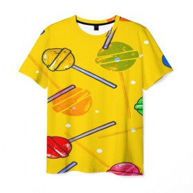Мужская футболка 3D с принтом Леденец в Екатеринбурге, 100% полиэфир | прямой крой, круглый вырез горловины, длина до линии бедер | Тематика изображения на принте: желтая | чупа чупс | яркая | ярт