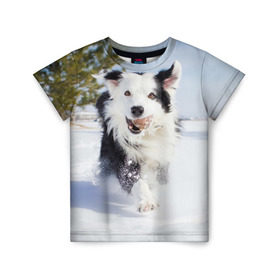 Детская футболка 3D с принтом Snow в Екатеринбурге, 100% гипоаллергенный полиэфир | прямой крой, круглый вырез горловины, длина до линии бедер, чуть спущенное плечо, ткань немного тянется | dog | бордер | бордер колли | колли | пес | собака