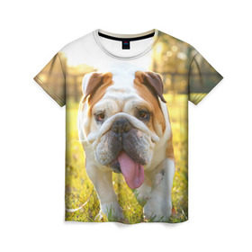 Женская футболка 3D с принтом Funny Dog в Екатеринбурге, 100% полиэфир ( синтетическое хлопкоподобное полотно) | прямой крой, круглый вырез горловины, длина до линии бедер | dog | английский бульдог | пес | собака