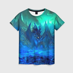 Женская футболка 3D с принтом Синий дракон в Екатеринбурге, 100% полиэфир ( синтетическое хлопкоподобное полотно) | прямой крой, круглый вырез горловины, длина до линии бедер | 3d | арт | горы | дракон | другие | животные | картинка | лед | небо | пейзаж | прикольные | природа | рисунок | синий | фантастика | яркие
