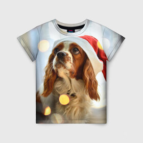 Детская футболка 3D с принтом Рождество в Екатеринбурге, 100% гипоаллергенный полиэфир | прямой крой, круглый вырез горловины, длина до линии бедер, чуть спущенное плечо, ткань немного тянется | dog | кавалер кинг чарльз спаниель | новый год | пес | рождество | собака