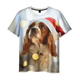 Мужская футболка 3D с принтом Рождество в Екатеринбурге, 100% полиэфир | прямой крой, круглый вырез горловины, длина до линии бедер | dog | кавалер кинг чарльз спаниель | новый год | пес | рождество | собака