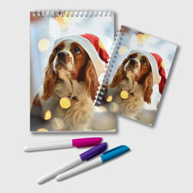 Блокнот с принтом Рождество в Екатеринбурге, 100% бумага | 48 листов, плотность листов — 60 г/м2, плотность картонной обложки — 250 г/м2. Листы скреплены удобной пружинной спиралью. Цвет линий — светло-серый
 | Тематика изображения на принте: dog | кавалер кинг чарльз спаниель | новый год | пес | рождество | собака