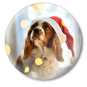 Значок с принтом Рождество в Екатеринбурге,  металл | круглая форма, металлическая застежка в виде булавки | dog | кавалер кинг чарльз спаниель | новый год | пес | рождество | собака