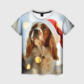 Женская футболка 3D с принтом Рождество в Екатеринбурге, 100% полиэфир ( синтетическое хлопкоподобное полотно) | прямой крой, круглый вырез горловины, длина до линии бедер | dog | кавалер кинг чарльз спаниель | новый год | пес | рождество | собака