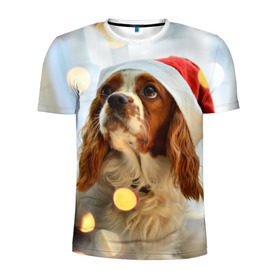 Мужская футболка 3D спортивная с принтом Рождество в Екатеринбурге, 100% полиэстер с улучшенными характеристиками | приталенный силуэт, круглая горловина, широкие плечи, сужается к линии бедра | Тематика изображения на принте: dog | кавалер кинг чарльз спаниель | новый год | пес | рождество | собака