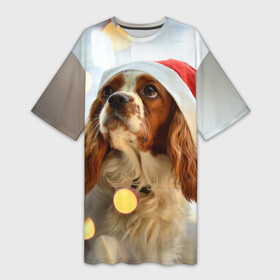 Платье-футболка 3D с принтом Рождество в Екатеринбурге,  |  | dog | кавалер кинг чарльз спаниель | новый год | пес | рождество | собака