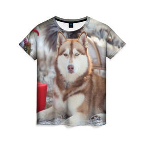 Женская футболка 3D с принтом Хаски в Екатеринбурге, 100% полиэфир ( синтетическое хлопкоподобное полотно) | прямой крой, круглый вырез горловины, длина до линии бедер | dog | лабрадор | мопс | пес | собака | такса | хаски | щеночек