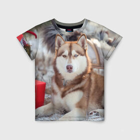 Детская футболка 3D с принтом Хаски в Екатеринбурге, 100% гипоаллергенный полиэфир | прямой крой, круглый вырез горловины, длина до линии бедер, чуть спущенное плечо, ткань немного тянется | dog | лабрадор | мопс | пес | собака | такса | хаски | щеночек