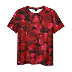 Мужская футболка 3D с принтом Лепестки красных роз в Екатеринбурге, 100% полиэфир | прямой крой, круглый вырез горловины, длина до линии бедер | Тематика изображения на принте: красный | лепестки | природа | растения | розы | текстура | цветы