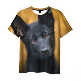 Мужская футболка 3D с принтом Doggy в Екатеринбурге, 100% полиэфир | прямой крой, круглый вырез горловины, длина до линии бедер | dog | овчарка | пес | собака | черная овчарка | щеночек