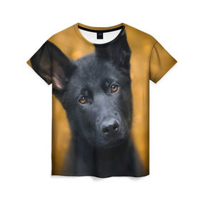 Женская футболка 3D с принтом Doggy в Екатеринбурге, 100% полиэфир ( синтетическое хлопкоподобное полотно) | прямой крой, круглый вырез горловины, длина до линии бедер | dog | овчарка | пес | собака | черная овчарка | щеночек