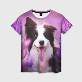 Женская футболка 3D с принтом Happy в Екатеринбурге, 100% полиэфир ( синтетическое хлопкоподобное полотно) | прямой крой, круглый вырез горловины, длина до линии бедер | dog | бордер колли | пес | собака