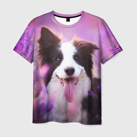 Мужская футболка 3D с принтом Happy в Екатеринбурге, 100% полиэфир | прямой крой, круглый вырез горловины, длина до линии бедер | Тематика изображения на принте: dog | бордер колли | пес | собака