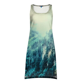 Платье-майка 3D с принтом Туманный лес в Екатеринбурге, 100% полиэстер | полуприлегающий силуэт, широкие бретели, круглый вырез горловины, удлиненный подол сзади. | 3d | горы | деревья | другие | лес | лето | пейзаж | прикольные | природа | туман | холм | цветные | яркие