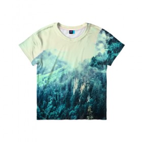 Детская футболка 3D с принтом Туманный лес в Екатеринбурге, 100% гипоаллергенный полиэфир | прямой крой, круглый вырез горловины, длина до линии бедер, чуть спущенное плечо, ткань немного тянется | 3d | горы | деревья | другие | лес | лето | пейзаж | прикольные | природа | туман | холм | цветные | яркие