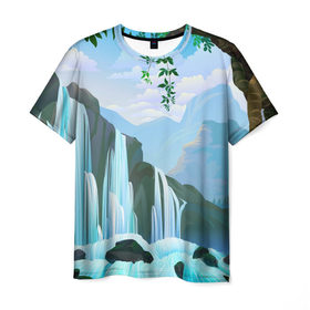 Мужская футболка 3D с принтом Водопад в Екатеринбурге, 100% полиэфир | прямой крой, круглый вырез горловины, длина до линии бедер | 