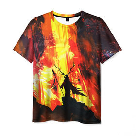 Мужская футболка 3D с принтом Колдун в Екатеринбурге, 100% полиэфир | прямой крой, круглый вырез горловины, длина до линии бедер | волшебник | вулкан | горы | камни | копьё | лава | огонь | пламя | рога | фантастика | шаман