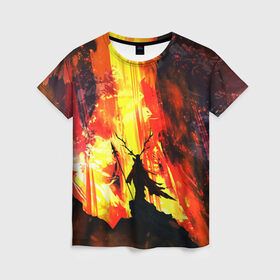 Женская футболка 3D с принтом Колдун в Екатеринбурге, 100% полиэфир ( синтетическое хлопкоподобное полотно) | прямой крой, круглый вырез горловины, длина до линии бедер | волшебник | вулкан | горы | камни | копьё | лава | огонь | пламя | рога | фантастика | шаман