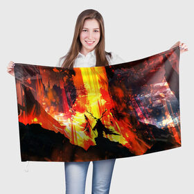 Флаг 3D с принтом Колдун в Екатеринбурге, 100% полиэстер | плотность ткани — 95 г/м2, размер — 67 х 109 см. Принт наносится с одной стороны | волшебник | вулкан | горы | камни | копьё | лава | огонь | пламя | рога | фантастика | шаман
