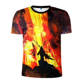 Мужская футболка 3D спортивная с принтом Колдун в Екатеринбурге, 100% полиэстер с улучшенными характеристиками | приталенный силуэт, круглая горловина, широкие плечи, сужается к линии бедра | волшебник | вулкан | горы | камни | копьё | лава | огонь | пламя | рога | фантастика | шаман