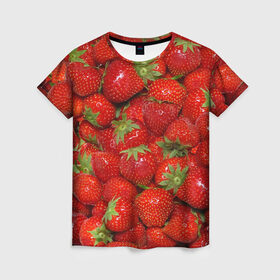Женская футболка 3D с принтом Клубничка в Екатеринбурге, 100% полиэфир ( синтетическое хлопкоподобное полотно) | прямой крой, круглый вырез горловины, длина до линии бедер | еда | клубника | красный | сладкое | текстура | фрукты | ягоды