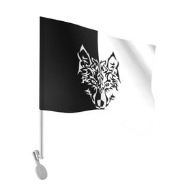 Флаг для автомобиля с принтом Двуликий волк в Екатеринбурге, 100% полиэстер | Размер: 30*21 см | монохромный | тату | черно белый